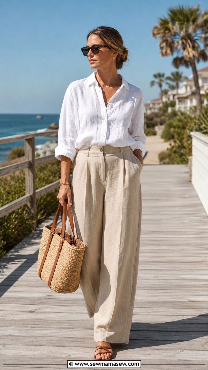 White Linen Button Down with High Waisted Wide Leg Trousers - 30 old money outfits inspo