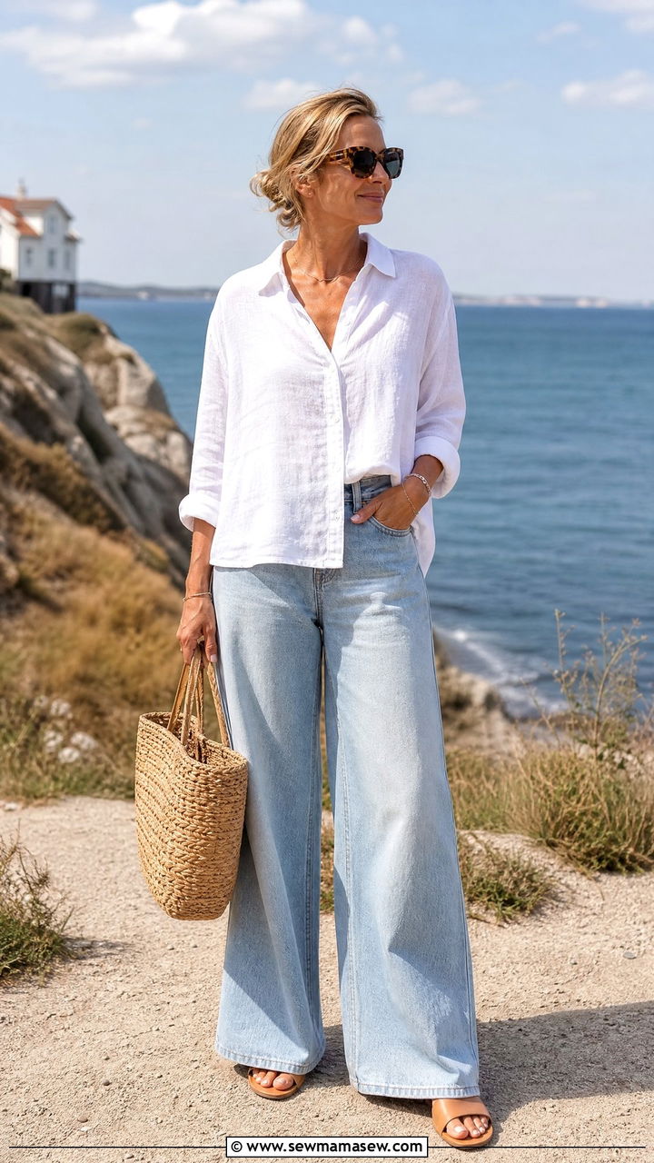 White Linen Button Down with Light Wash Wide Leg Jeans - 30 scandinavian outfit ideas for women over 40