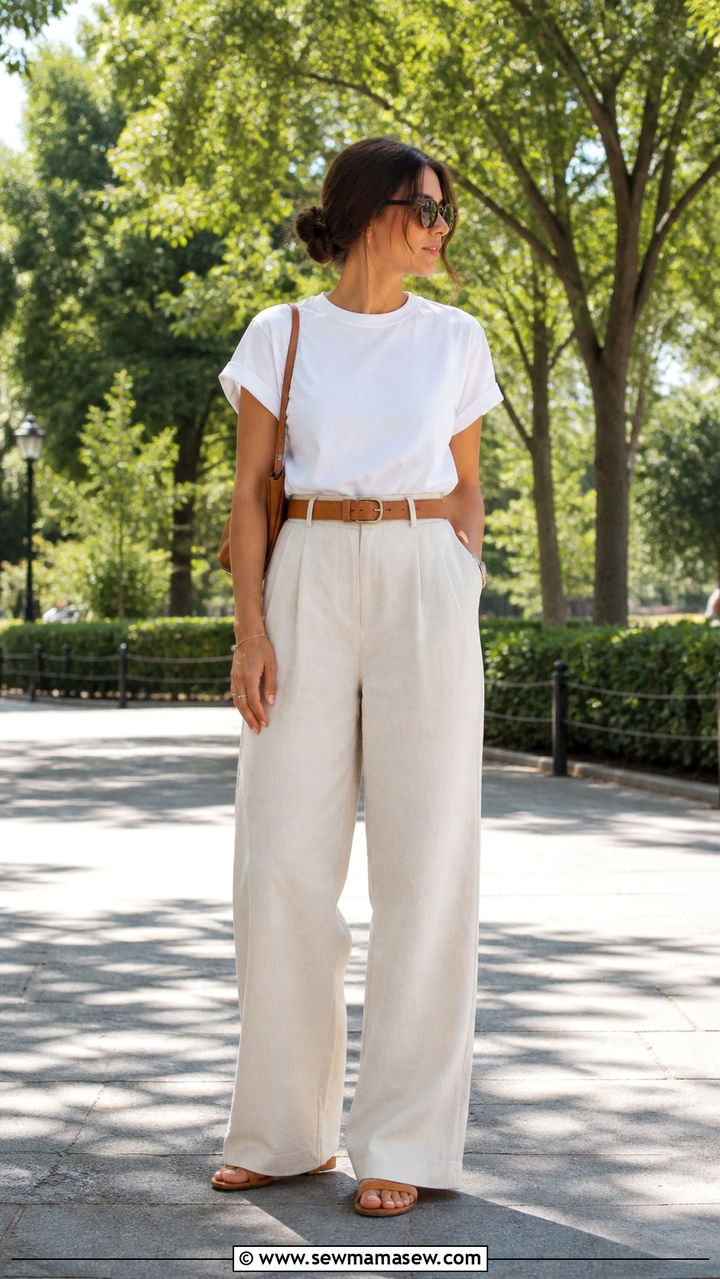 White Linen Button Dress and Tan Leather Sandals - 40 summer minimalist outfits
