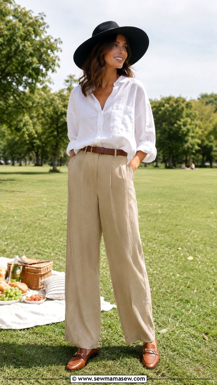 White Linen Button Up with Wide Leg Khaki Trousers and Loafers - 30 Picnic outfit ideas