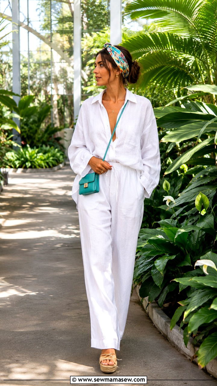 White Linen Co Ord Set With Silk Headband - 20 Old money outfit ideas with silk scarf Hermes style