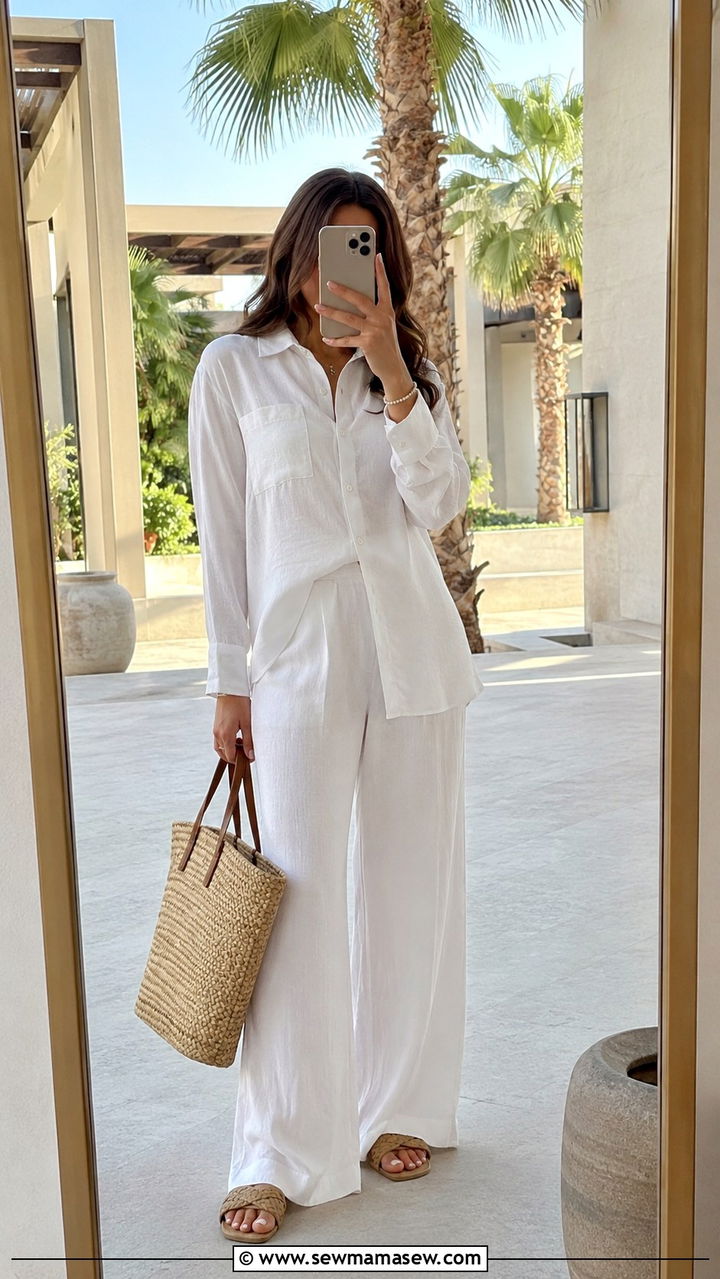 White Linen Co Ord Set With Woven Sandals Dubai - 20 Modest outfit ideas for Dubai
