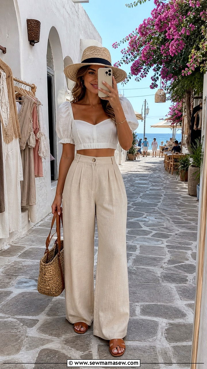 White Linen Crop Top With Wide Leg Beige Pants - 40 Bali outfit ideas
