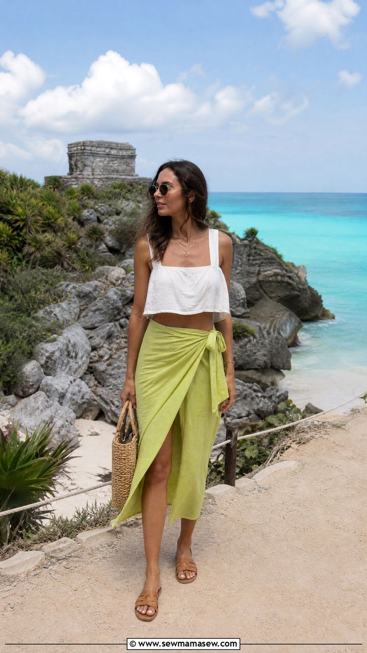 White Linen Crop Top and Lime Wrap Skirt - 35 Mexico summer outfit ideas