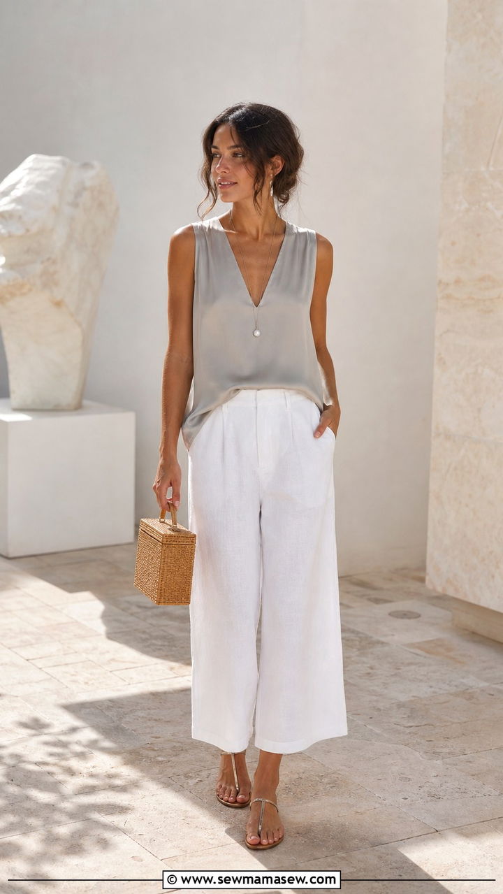 White Linen Culottes With a Sleeveless Silk Blouse - 40 Mediterranean outfit ideas
