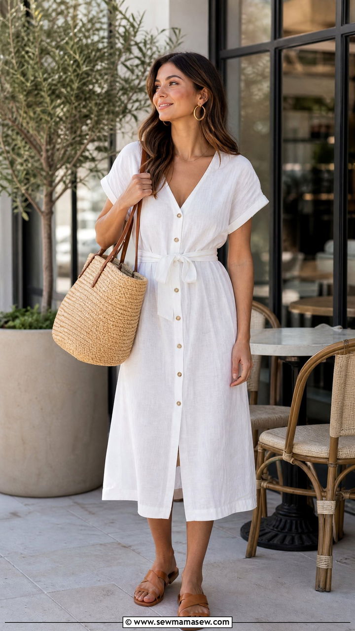 White Linen Dress And Raffia Tote Bag - 25 Raffia bag outfit ideas summer