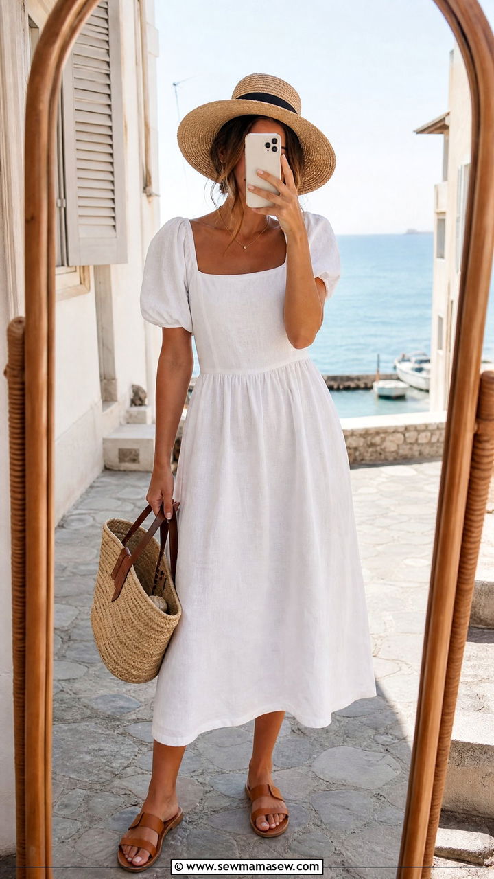 White Linen Dress With A Straw Hat and Flat Sandals - 30 French girl outfit ideas petite