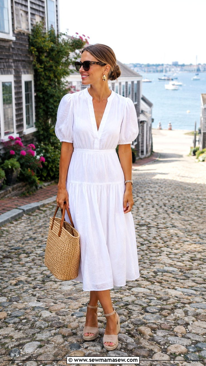 White Linen Dress With Espadrille Wedges - 30 Old money outfit ideas for Nantucket