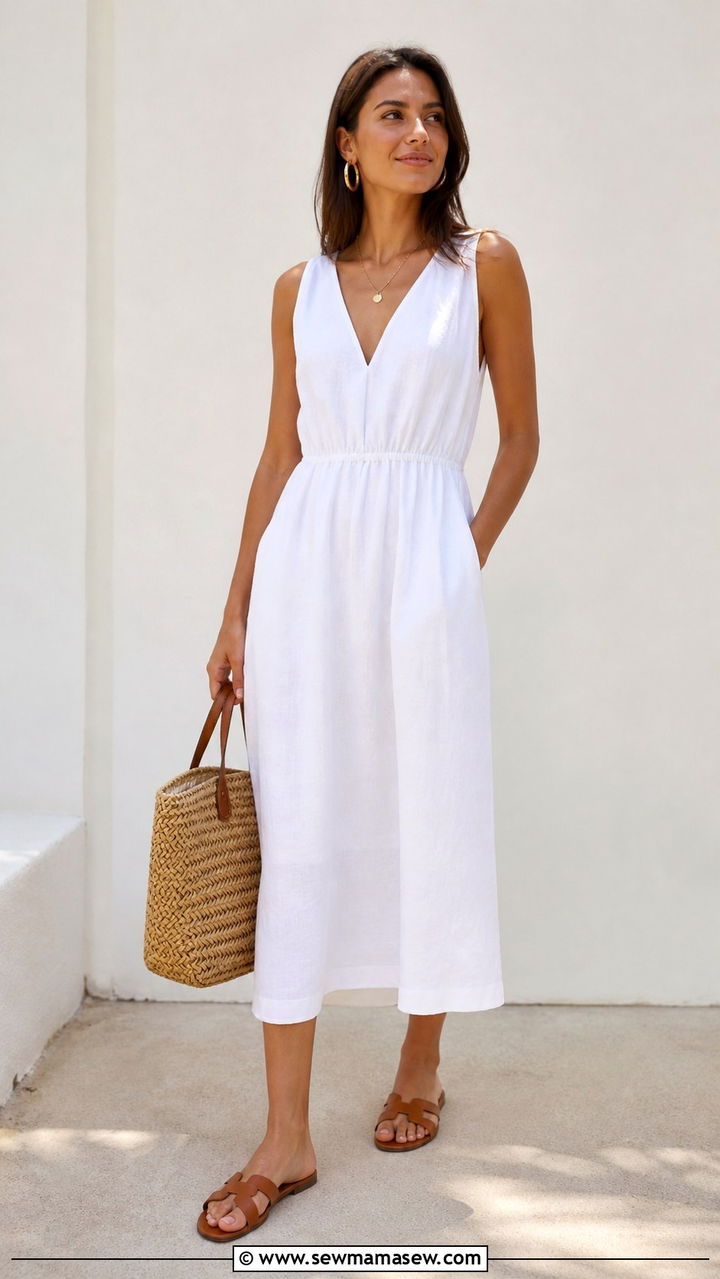 White Linen Dress With Flat Sandals - 40 hot weather outfits