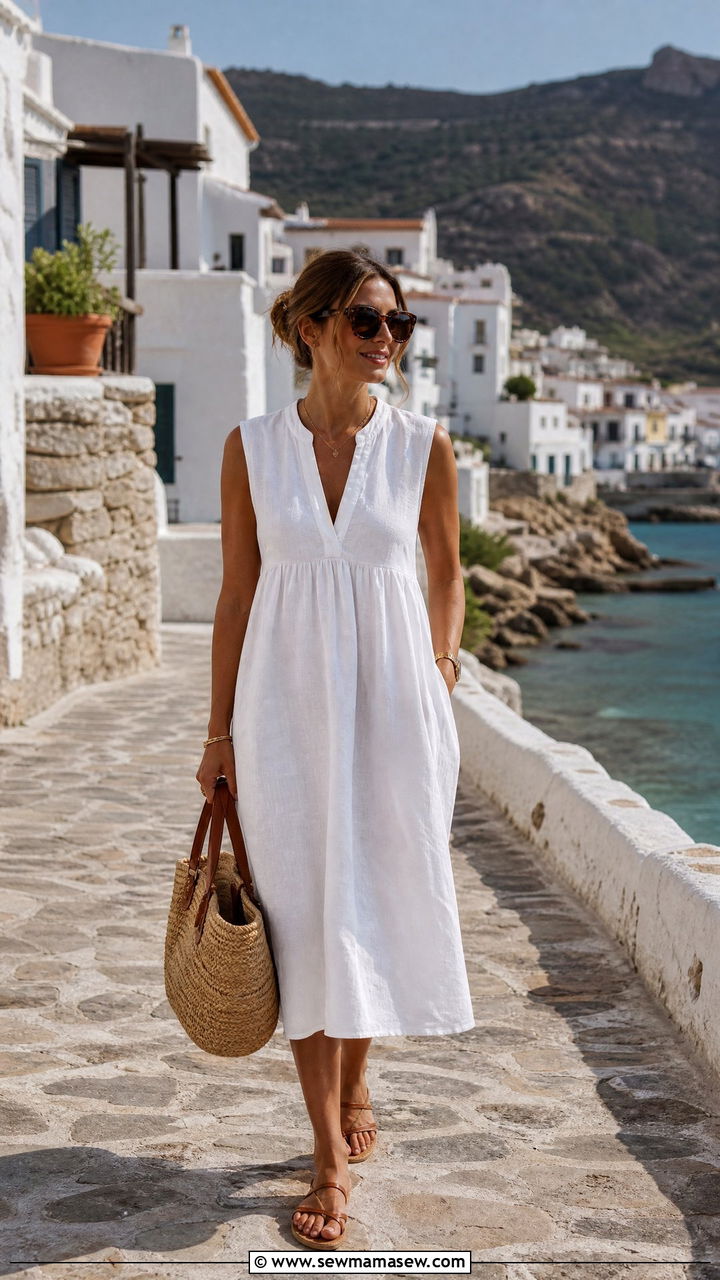 White Linen Dress With Flat Sandals and Straw Tote - 40 French girl outfits ideas