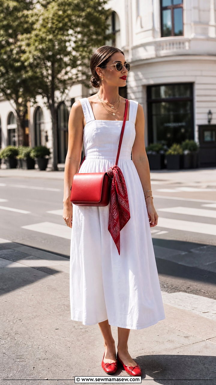 White Linen Dress With Tomato Red Accessories - 30 Summer tomato red outfit ideas