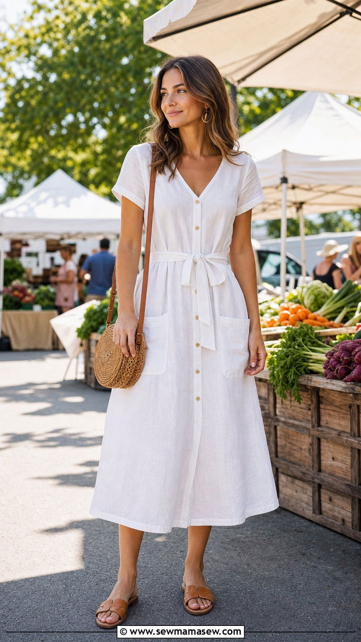 White Linen Dress with Flat Sandals - 25 Early June outfit ideas