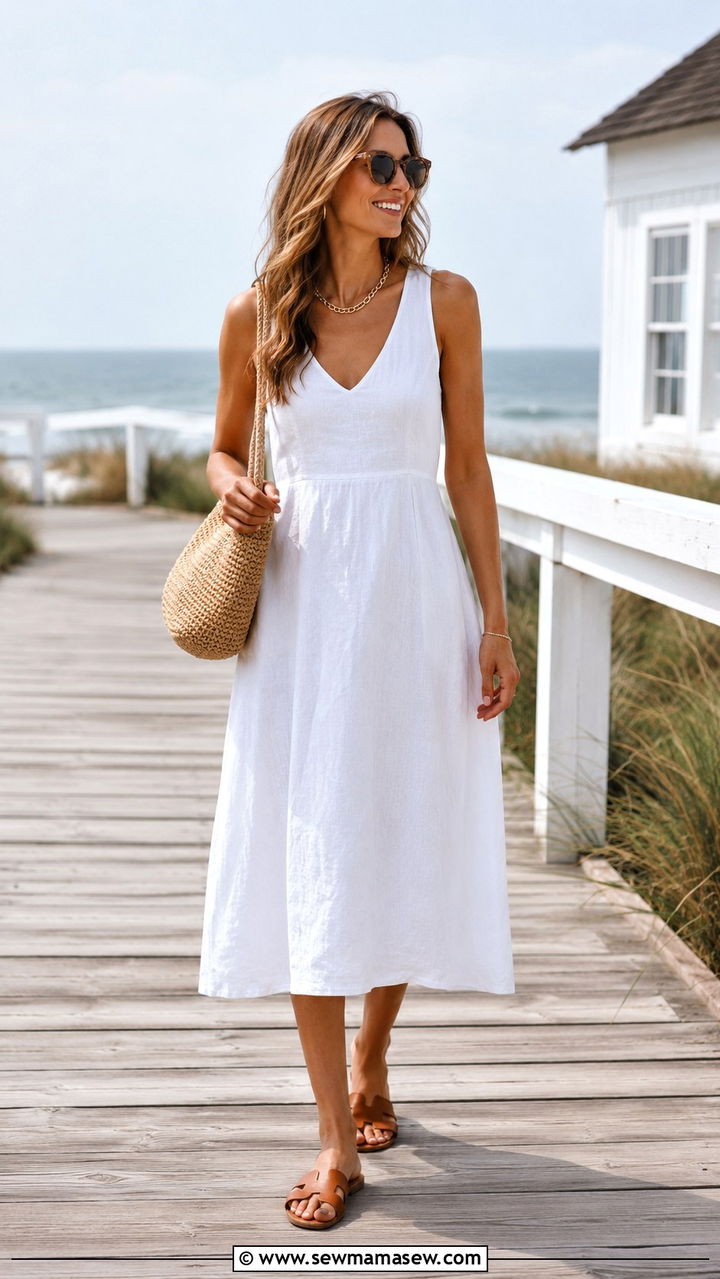 White Linen Dress with Tan Sandals - 30 Linen dress outfit ideas summer