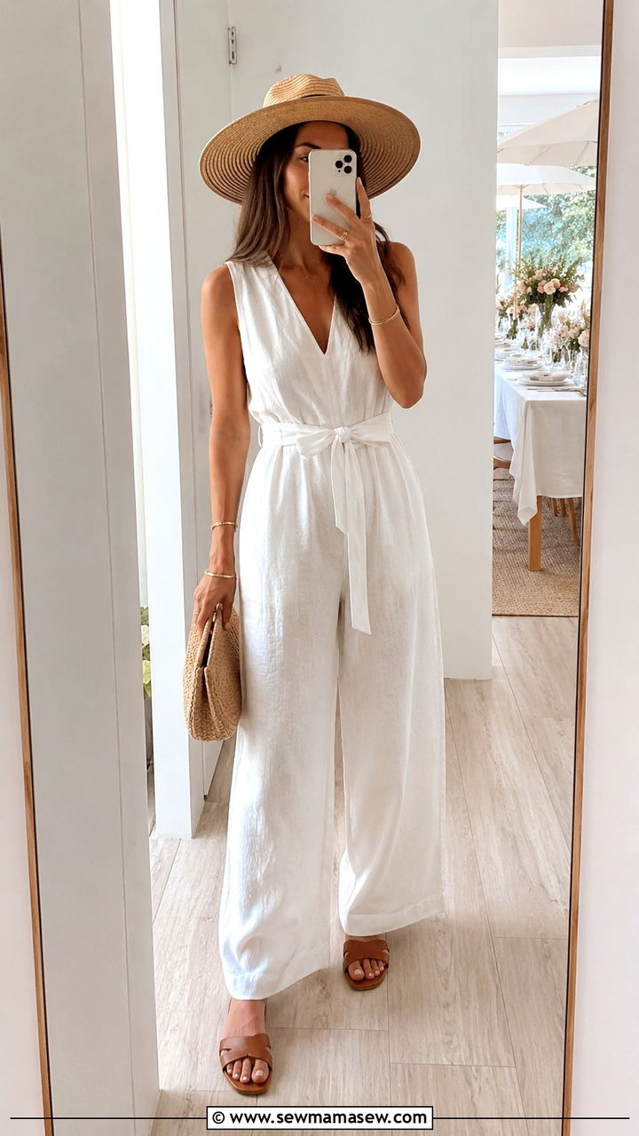 White Linen Jumpsuit with Straw Accessories - 25 Baby shower outfit ideas hostess