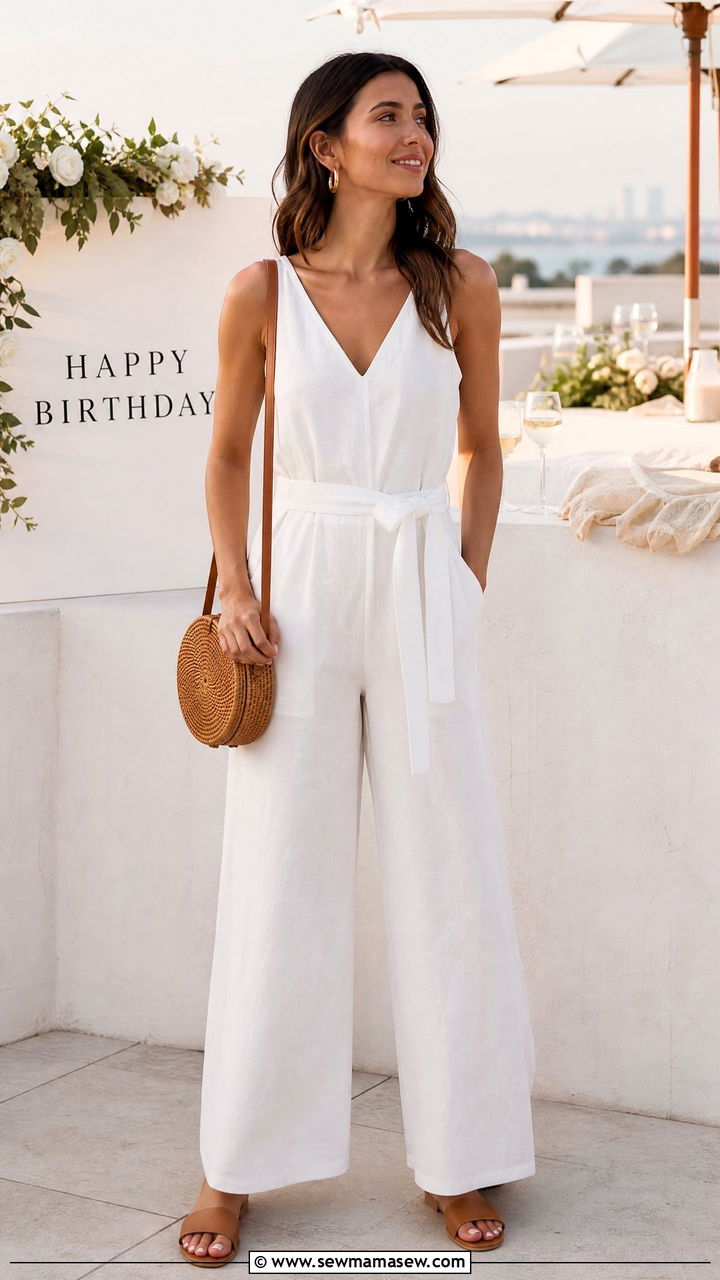 White Linen Jumpsuit with Woven Accessories - 25 seasonal birthday outfit ideas