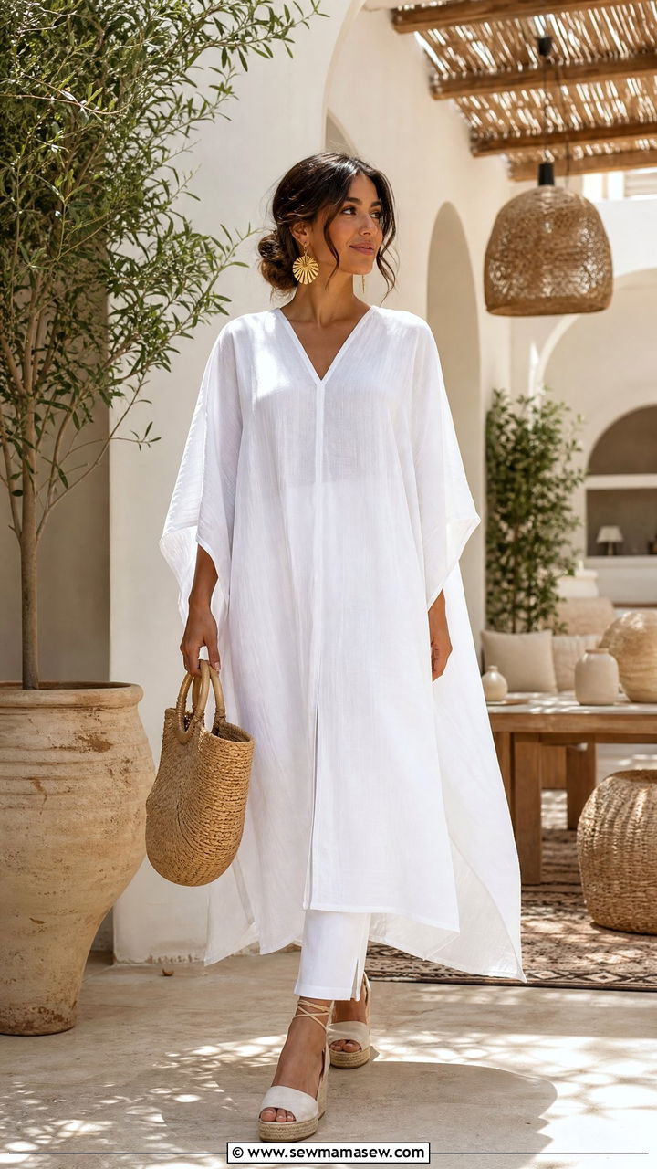 White Linen Kaftan With Straw Accessories - 25 March Ramadan outfit ideas