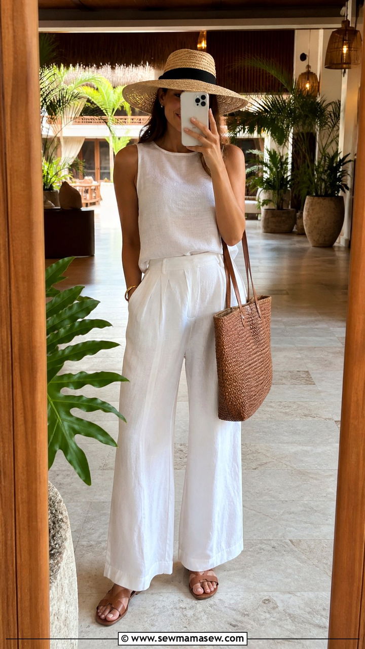 White Linen Matching Set with Straw Hat - 40 What to wear in Puerto Vallarta
