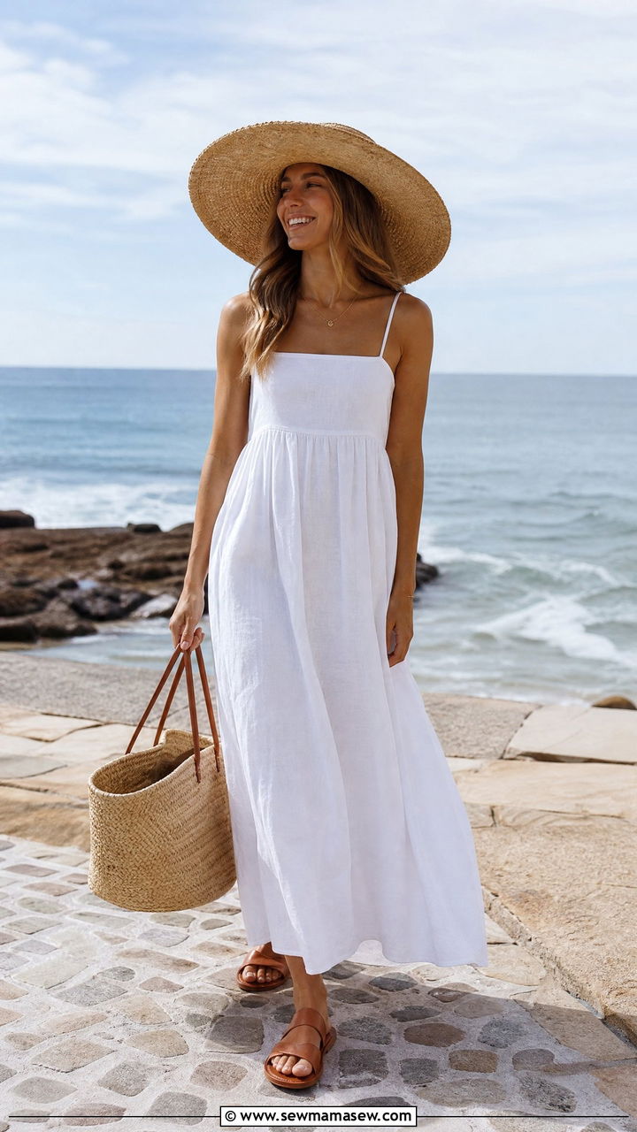 White Linen Maxi Dress With A Straw Hat And Flat Sandals - 40 Spring outfit ideas