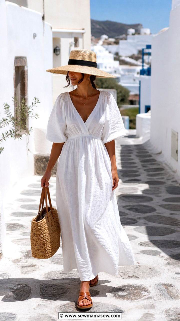 White Linen Maxi Dress With Flat Leather Sandals - 40 Summer Greece outfit ideas