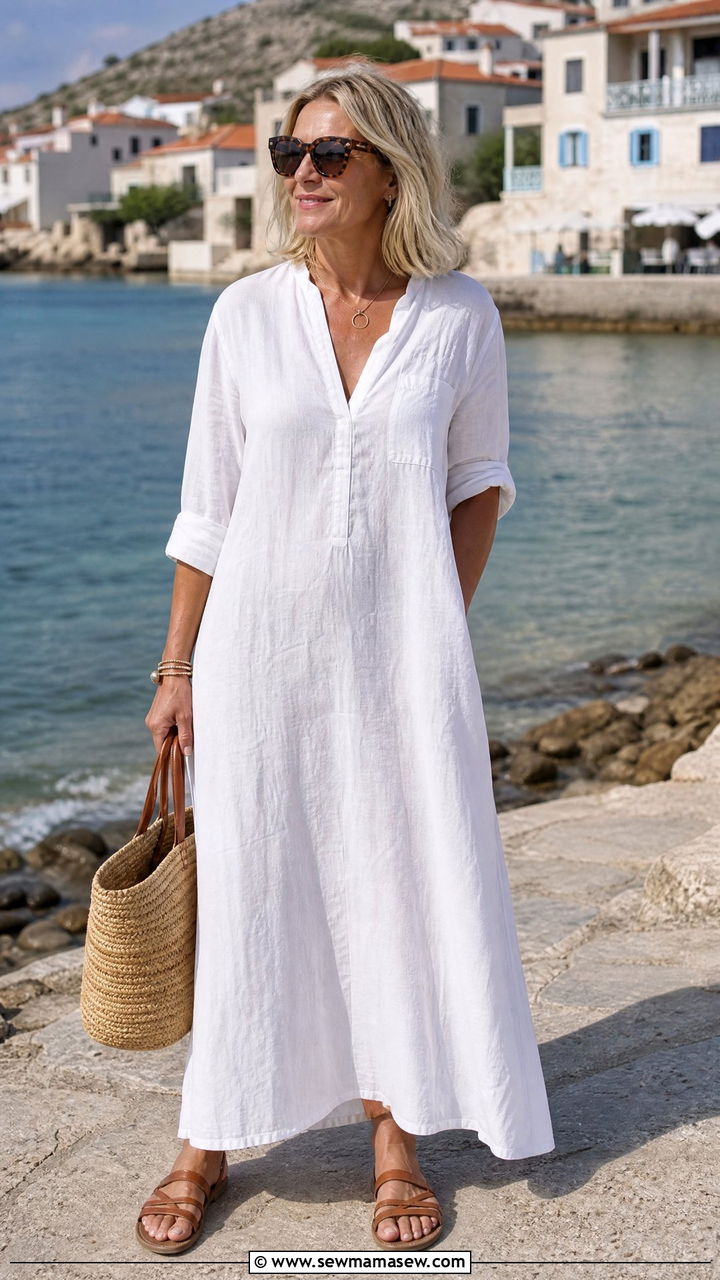 White Linen Maxi Dress With Flat Leather Sandals - 30 Maxi dress for women over 40 outfit ideas