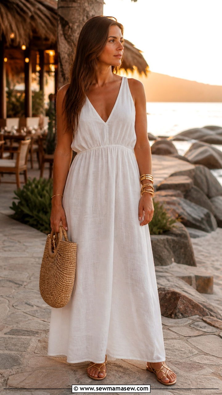 White Linen Maxi Dress With Gold Sandals - 40 old money outfits for women