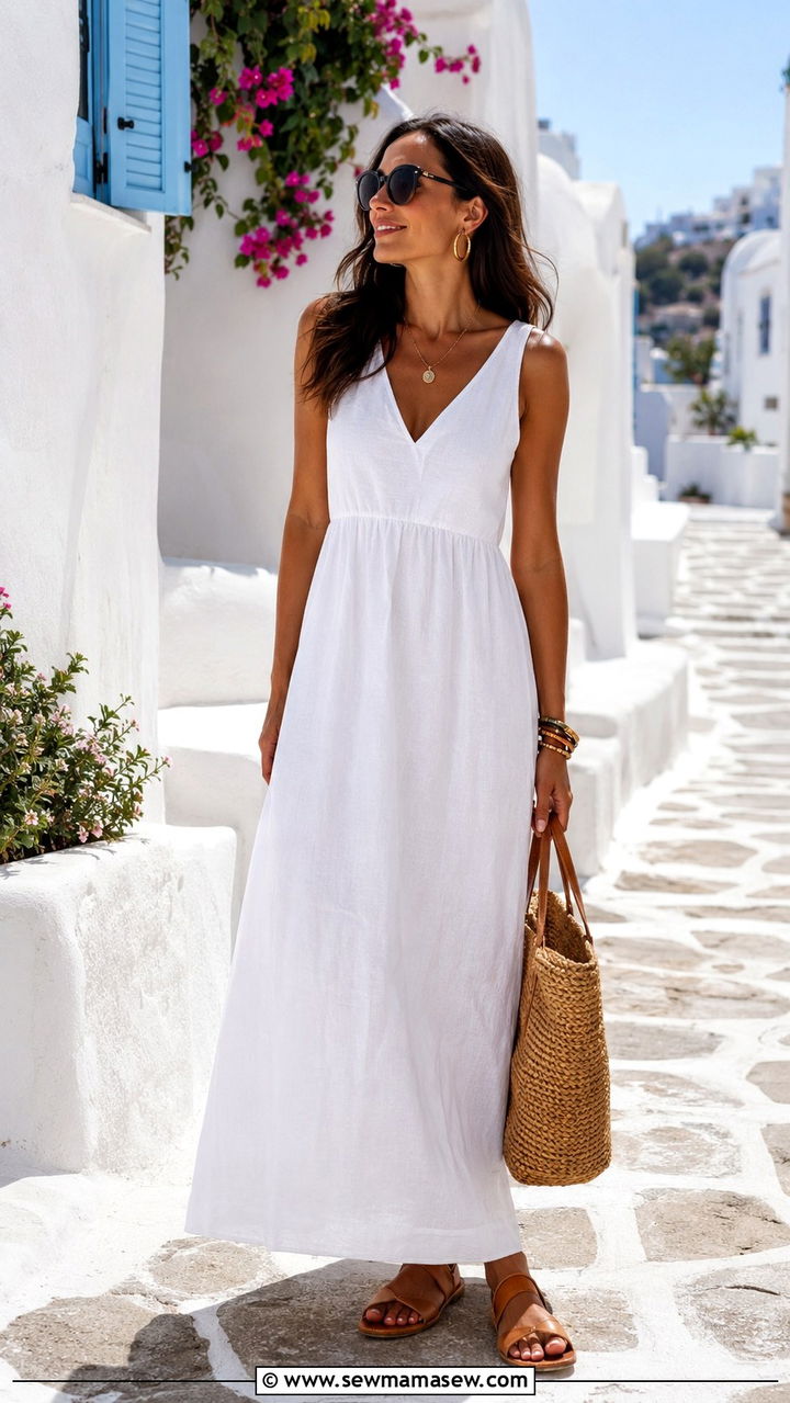 White Linen Maxi Dress With Leather Sandals - 30 Greece packing list outfits