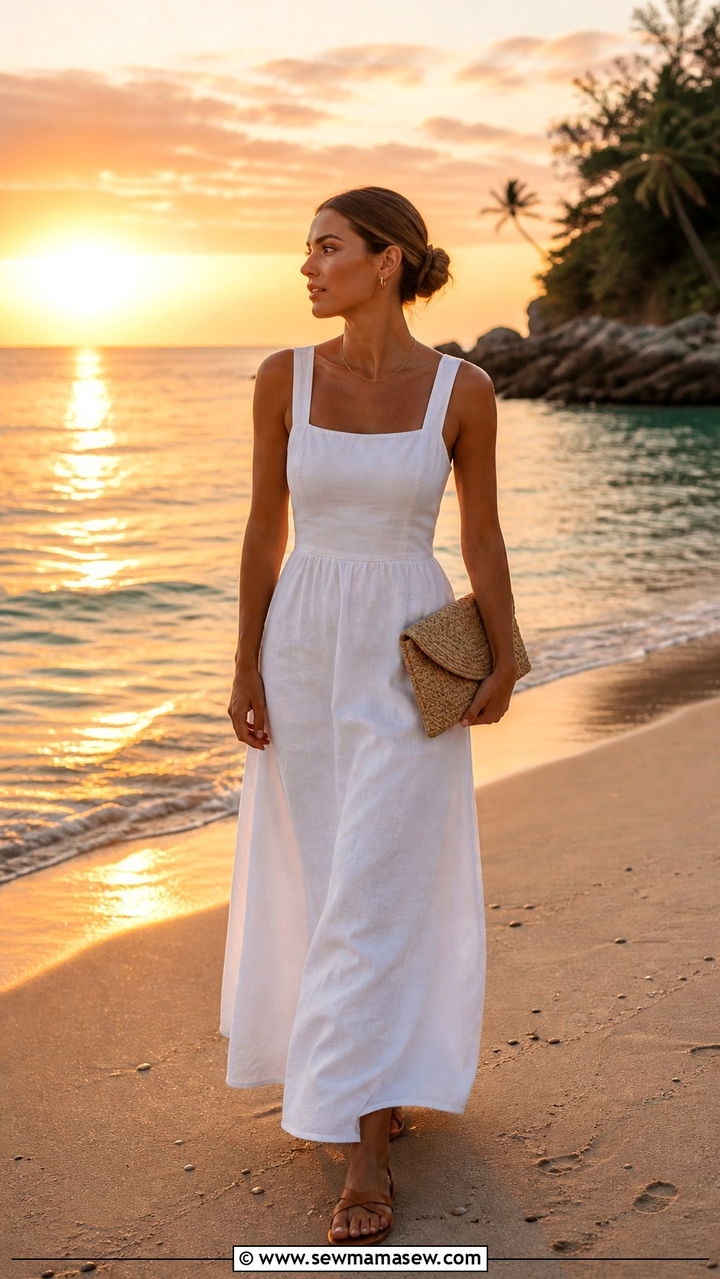 White Linen Maxi Dress With Minimal Gold Jewelry - 40 What to wear in Jamaica
