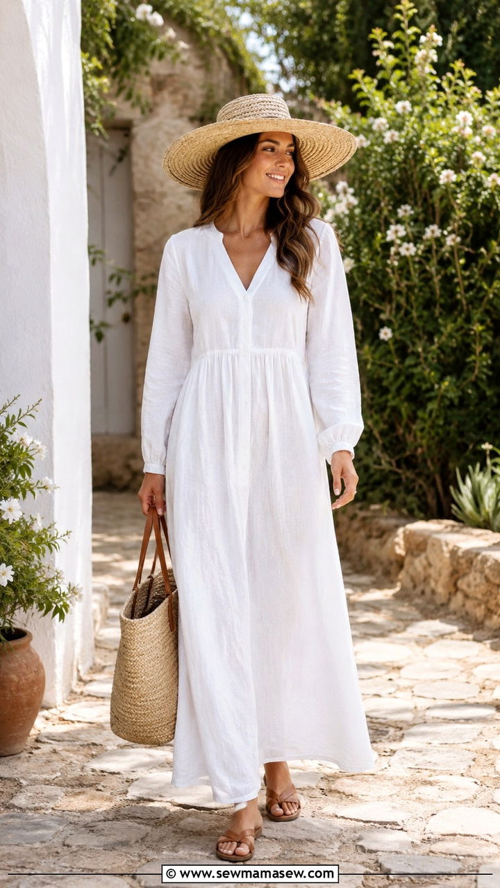White Linen Maxi Dress With Straw Hat - 30 Modest outfit ideas minimalist