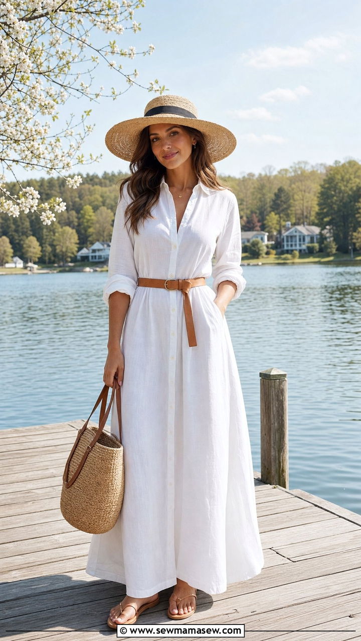 White Linen Maxi Dress With Straw Hat And Flat Sandals - 25 Spring lake outfits