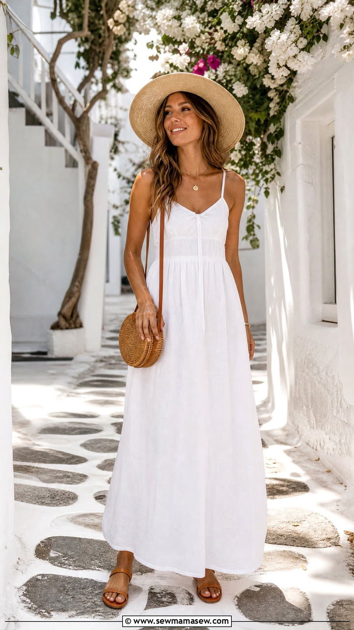 White Linen Maxi Dress With Tan Leather Sandals - 30 Mykonos vacation outfit ideas