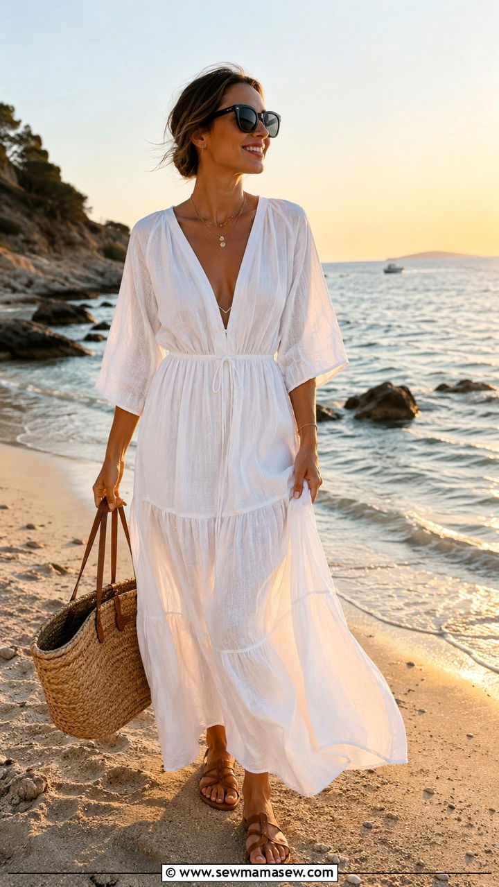 White Linen Maxi Dress with Flat Sandals and Straw Tote - 30 chic beach vacation outfits for women