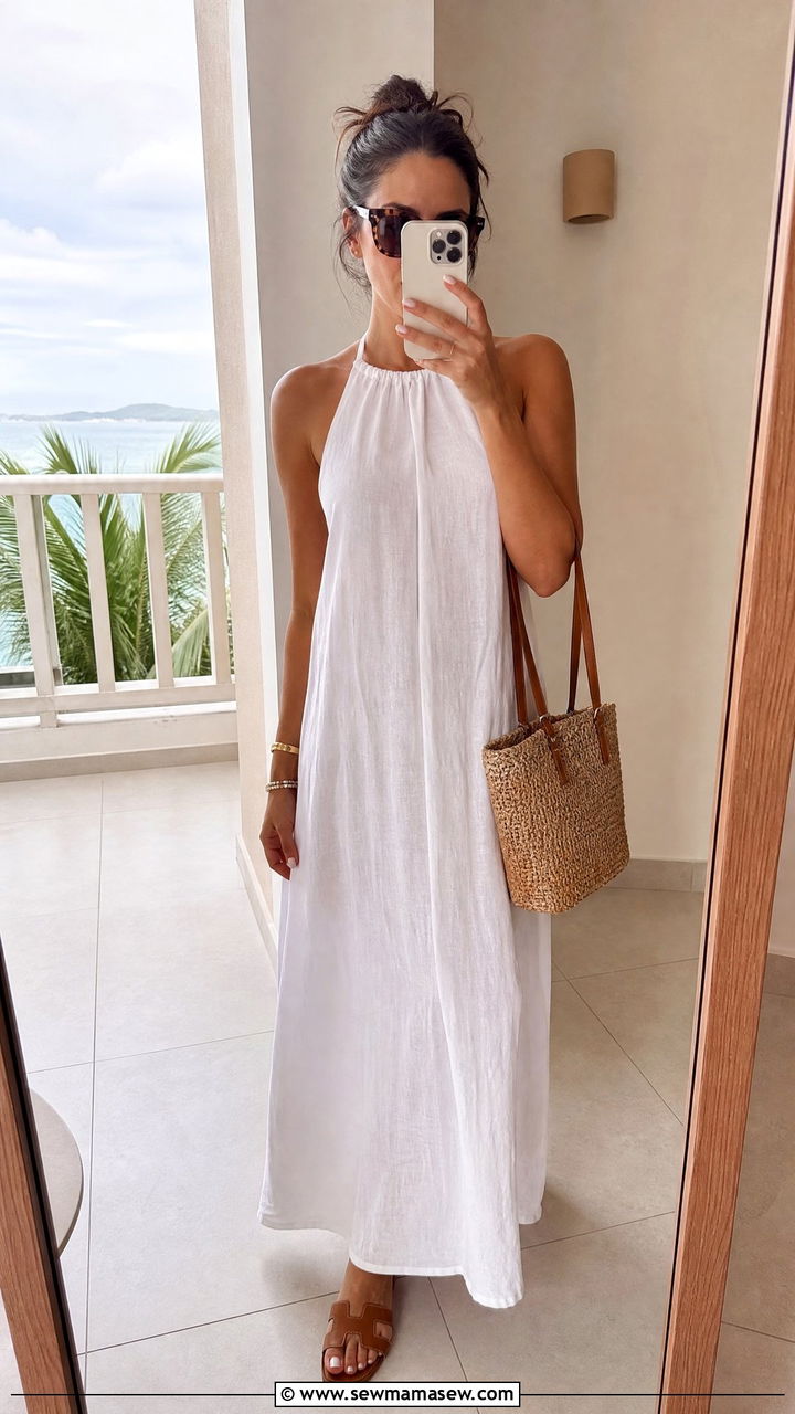 White Linen Maxi Dress with Leather Slides - 30 Maxi dress for vacation outfit ideas