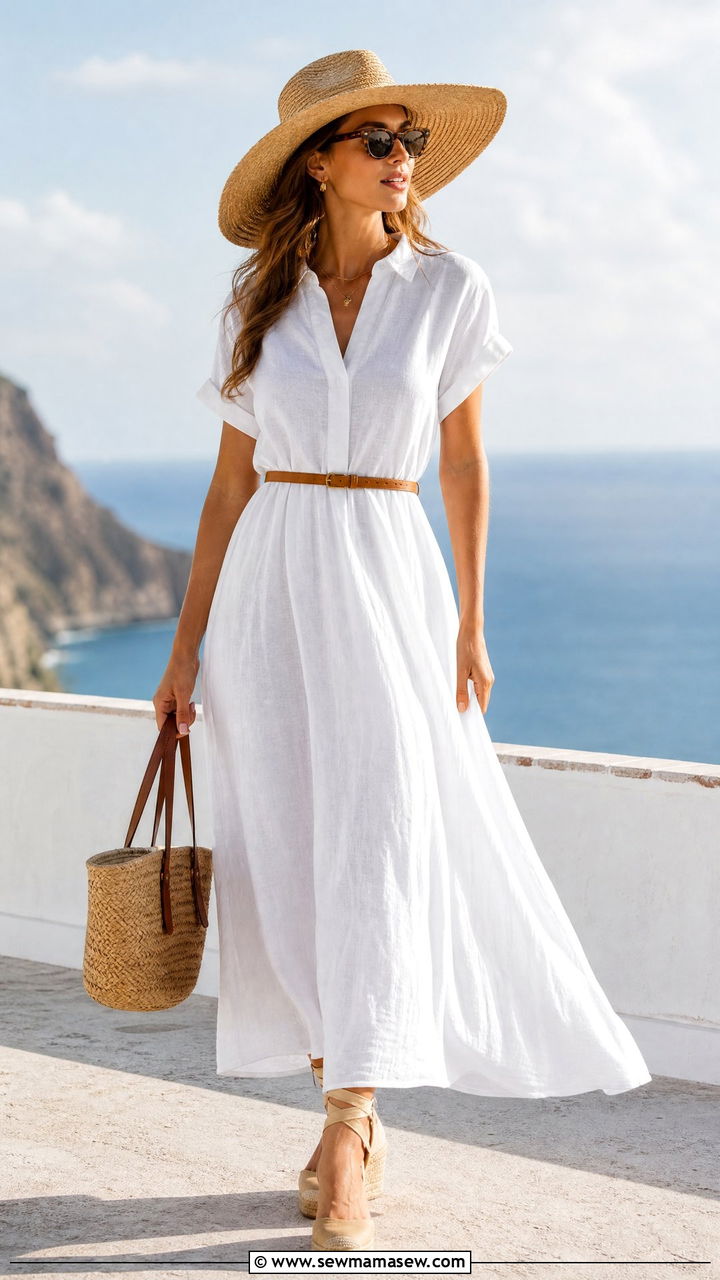White Linen Maxi Dress with Tan Leather Belt and Espadrilles - 30 Maxi dress outfit ideas with a belt