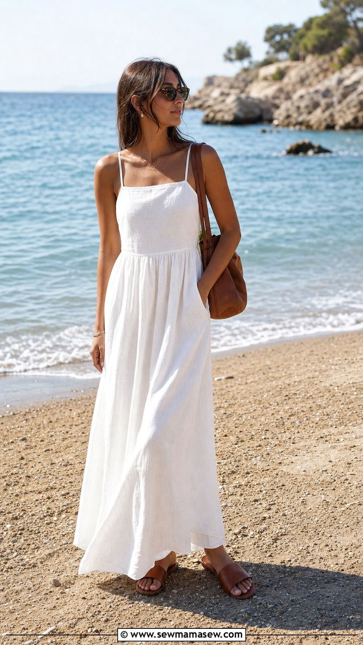 White Linen Maxi Dress with Tan Leather Slide Sandals Outfit - 25 Summer minimalist outfits 2026