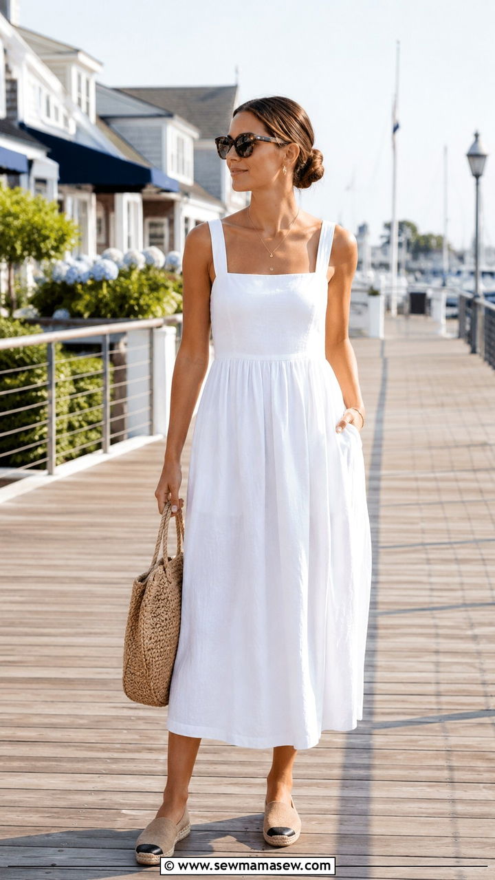 White Linen Midi Dress With Espadrilles Hamptons Outfit - 30 Old money outfit ideas for the Hamptons