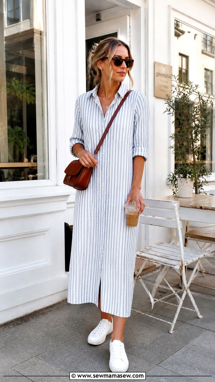 White Linen Midi Dress With Flat Leather Sandals - 40 summer scandinavian outfits