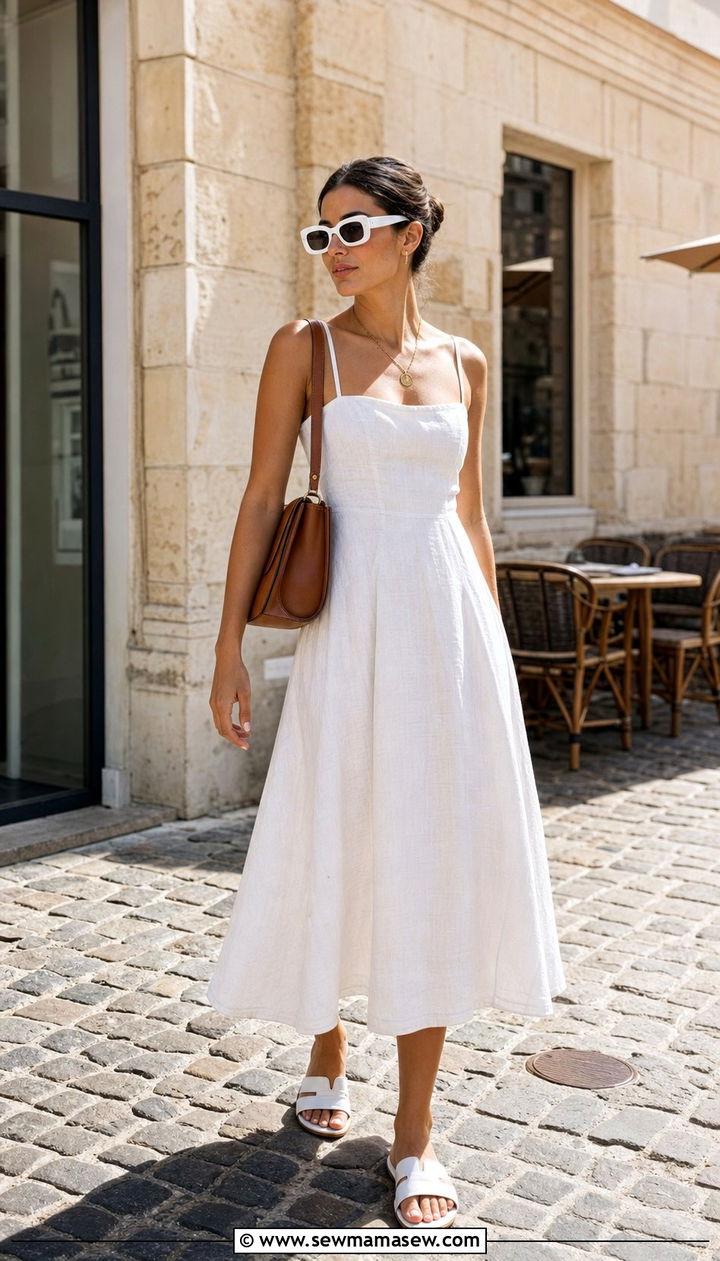 White Linen Midi Dress With Minimal Sandals - 25 European summer outfits aesthetic
