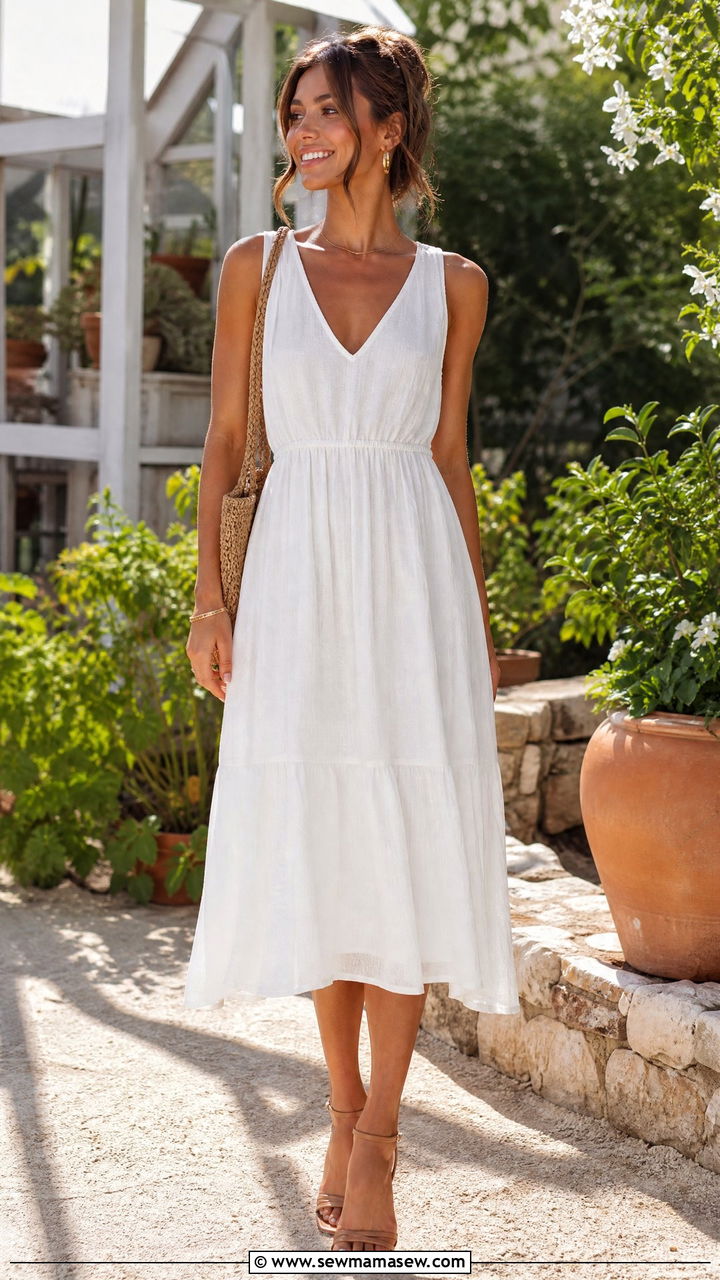 White Linen Midi Dress With Strappy Heeled Sandals - 30 Summer outfits with heels