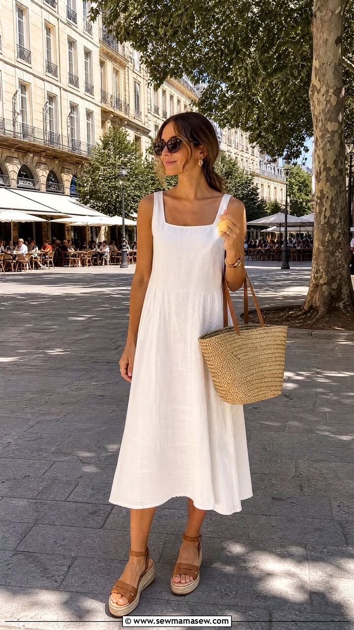 White Linen Midi Dress With Straw Tote And Espadrilles - 30 summer paris trip outfit ideas