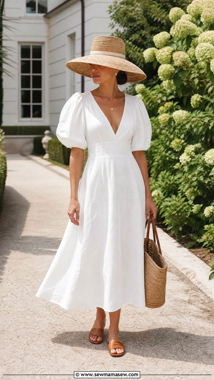 White Linen Midi Dress With Straw Wide Brim Hat - 25 Old money outfit ideas with wide brim hat