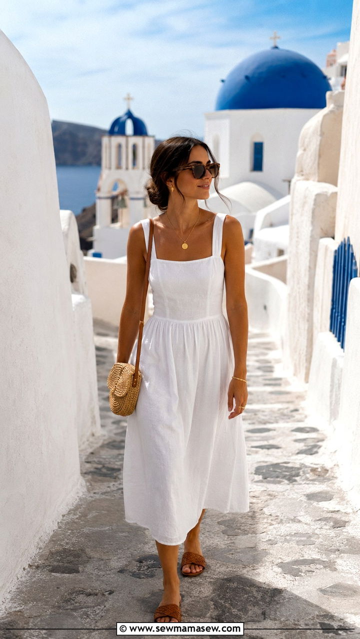 White Linen Midi Dress With Tan Woven Sandals - 30 Greek vacation outfit ideas 2026
