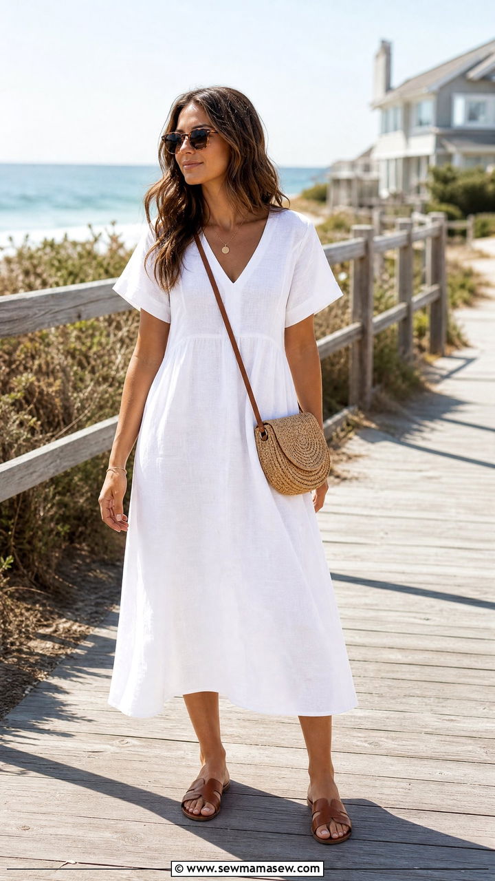 White Linen Midi Dress and Straw Accessories - 35 Minimalist summer outfits