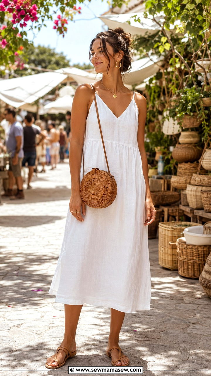 White Linen Midi Dress with Flat Sandals - 20 Summer outfits for 90 degree weather
