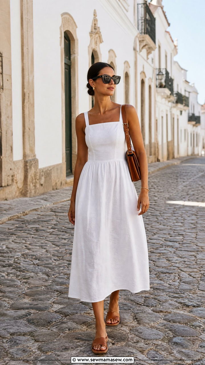 White Linen Midi Dress with Leather Slide Sandals - 30 summer europe travel outfit ideas