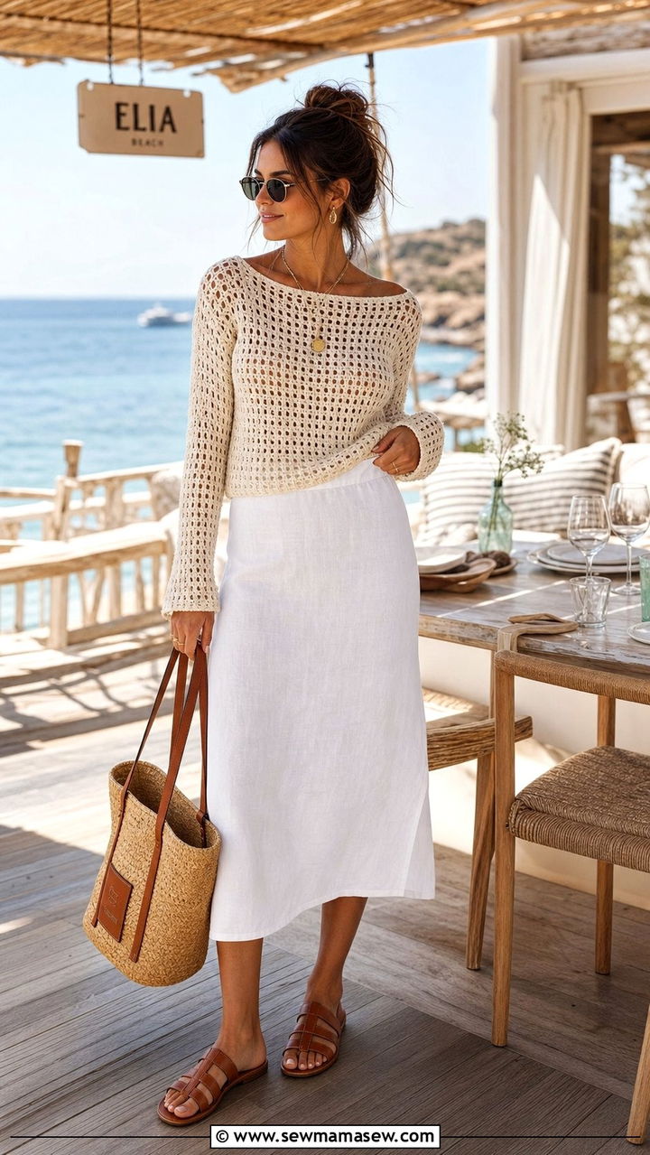 White Linen Midi Skirt with Crochet Top and Flat Sandals - 35 casual midi skirt outfits