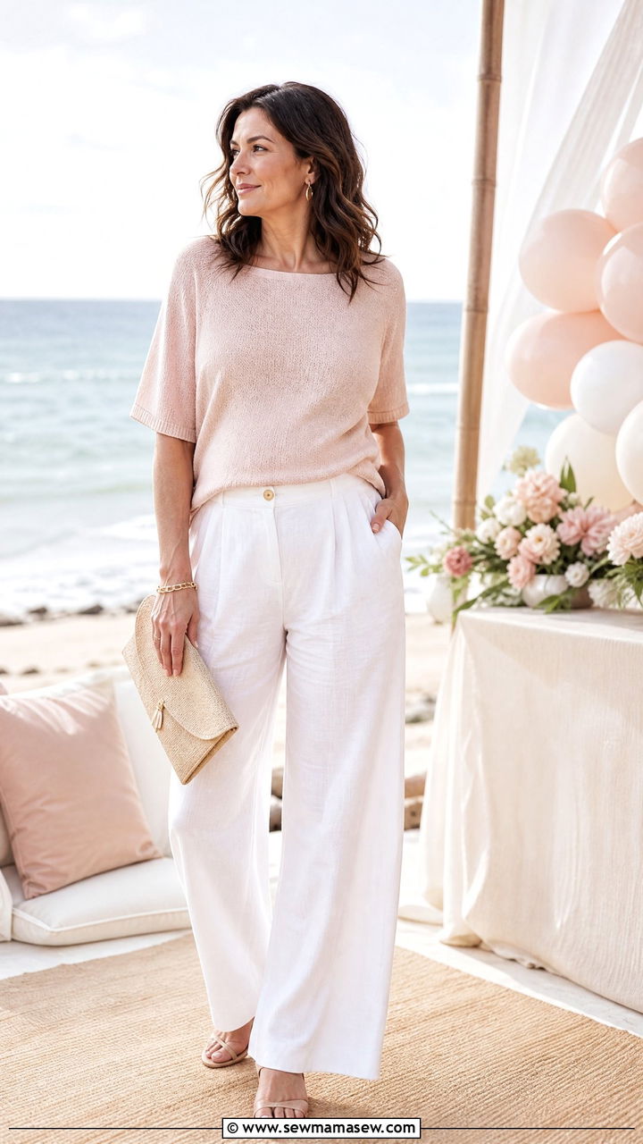 White Linen Pants And Soft Blush Knit Top - 25 baby shower outfits for women over 40