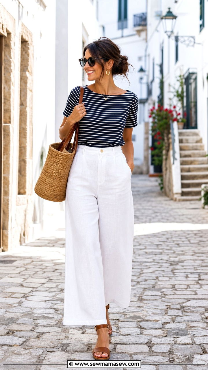 White Linen Pants Outfit with Striped Top - 35 casual linen pants outfits