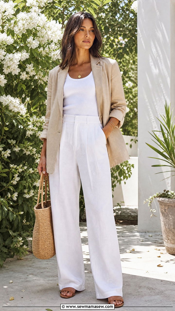 White Linen Pants With Beige Blazer - 30 Linen pants outfit ideas with a blazer