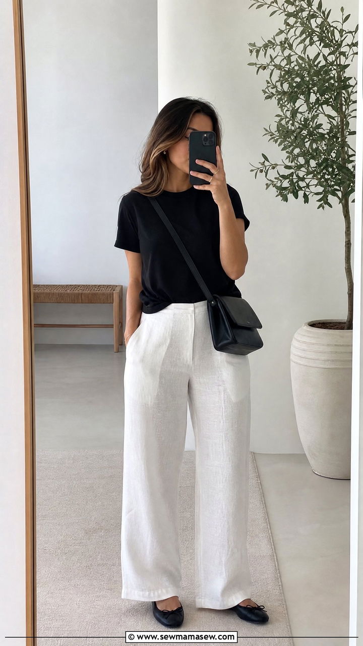 White Linen Pants With Black Tee And Ballet Flats - 35 linen pants outfit ideas