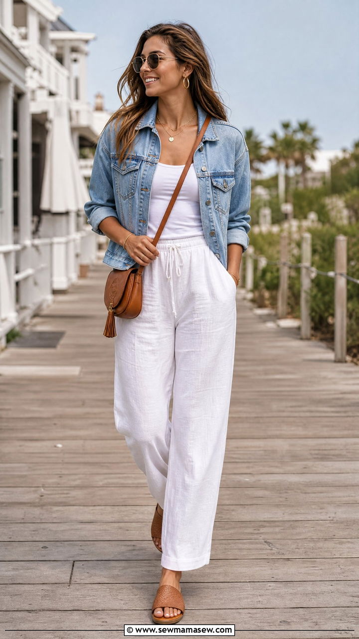 White Linen Pants With Denim Jacket And Tan Slides - 35 linen pants outfits